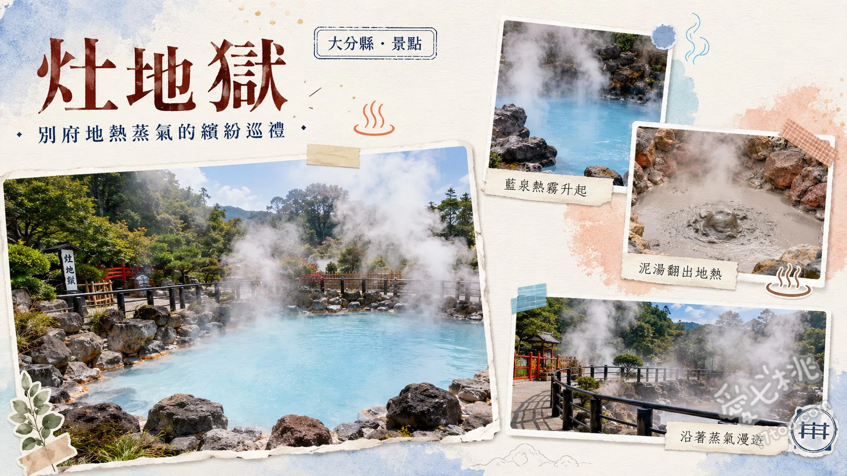 灶地獄｜別府七大地獄高CP值首選，一次看遍六種奇景與足湯體驗 1至6丁目地獄奇景（鈷藍、赤紅與泥漿溫泉）、導覽員趣味煙霧實驗表演、極樂丁目互動體驗（足湯、手湯與喉湯）
