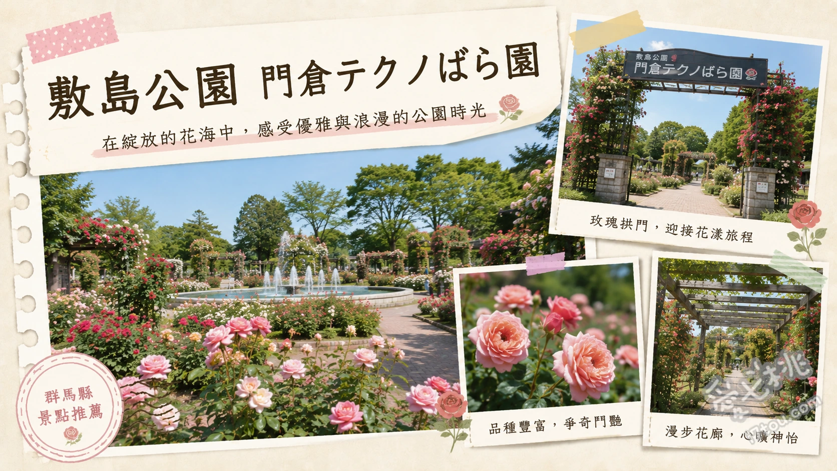 敷島公園門倉テクノばら園｜群馬前橋免費玫瑰園，親子賞花放電推薦 欣賞前橋原創品種「赤城之輝」，花瓣會隨時間由黃轉橘再變紅。、漫步綠色拱門隧道與英式花園，感受被濃郁玫瑰花香包圍的浪漫氛圍。、參觀園內的蠶絲紀念館與溫室區，了解前橋的歷史文化與玫瑰培育故事。
