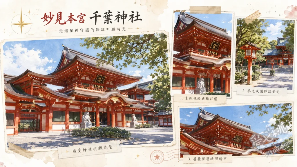 妙見本宮 千葉神社｜日本唯一雙層社殿與絕美星空御朱印 參觀日本罕見的雙層社殿「尊星殿」，體驗獨特的上下兩層參拜視角、撫摸充滿靈氣的「龜岩」並取用「妙見延壽之井」的神水祈求健康、收集絕美的「星空御朱印帳」與特殊的星辰方位御守