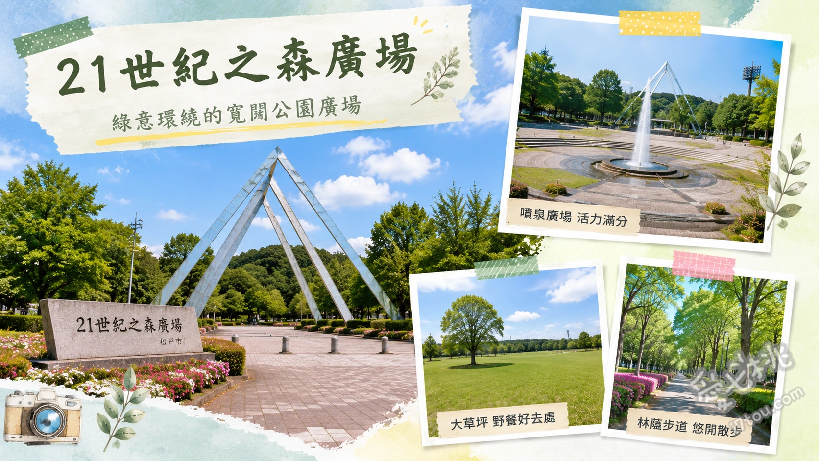 21世紀之森廣場|千葉松戶免費親子公園,超大草坪與特色遊具 遊樂的棲所(あそびのすみか):原創大型遊具與昆蟲巢穴迷宮、千駄堀池:整點播放的夢幻霧氣噴泉與豐富水鳥生態、光與風的廣場:適合搭設遮陽帳與野餐的超大草坪及戲水小溪