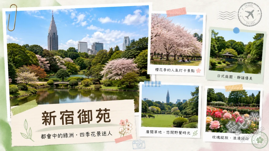 新宿御苑｜東京版中央公園，四季皆美的日式皇室庭園散策 漫步日本庭園與舊御涼亭，感受傳統池泉迴遊式造景的靜謐禪意、在英式風景庭園的廣大草坪上鋪墊野餐，享受被巨木與綠意包圍的悠閒、參觀外觀充滿現代感的大溫室，探索豐富的熱帶雨林與亞熱帶珍稀植物