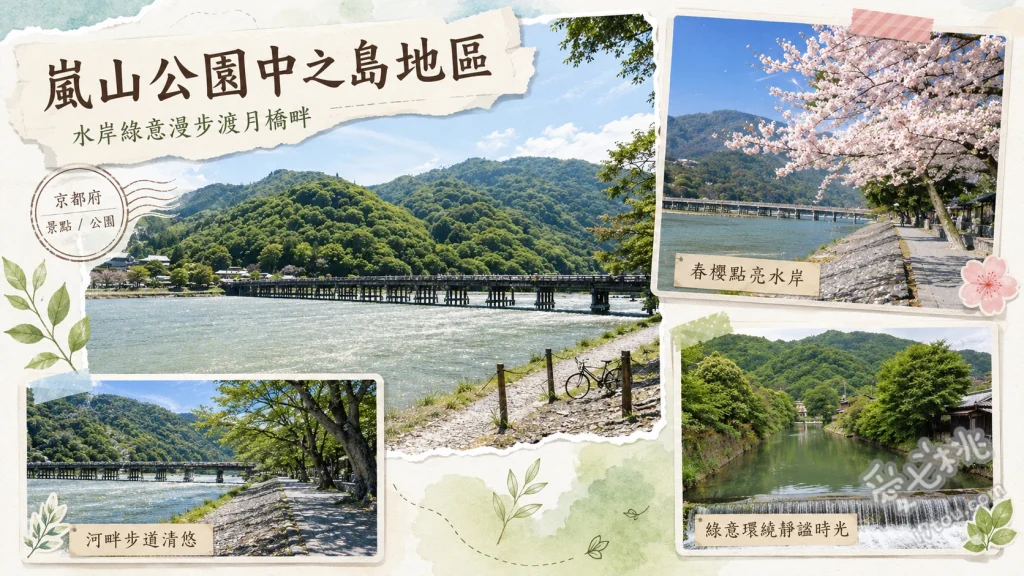 嵐山公園中之島地區｜京都賞櫻紅葉與渡月橋同框絕景勝地 渡月橋與桂川同框經典取景、春季漫步櫻花林與夜櫻點燈、秋季河畔野餐與賞楓散策