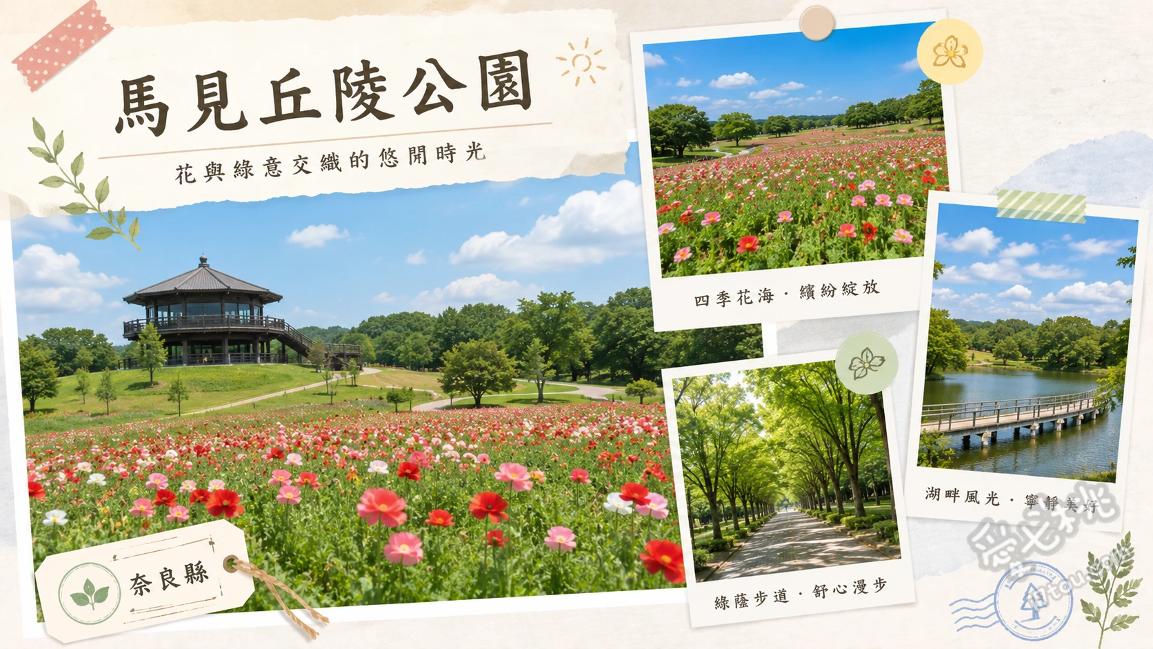 奈良馬見丘陵公園｜四季花海與古墳交織的免費療癒秘境 漫步中央區玫瑰園與四季花海、探索園區內的千年古墳群遺跡、北區大型兒童遊樂場與草地野餐