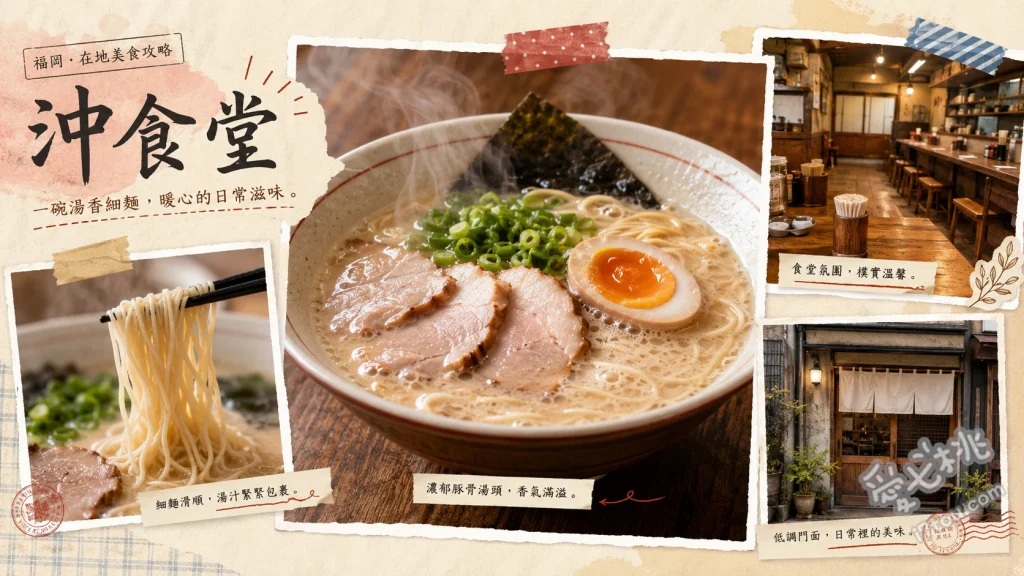 沖食堂｜久留米必吃！1955年創立的老字號溫和系豚骨拉麵 拉麵 (溫和清爽的豚骨與雞骨雙拼湯頭，附切片水煮蛋)、青豆飯糰 (帶有淡淡鹽味的懷舊古早味)、炒飯 (醬油香氣十足，與拉麵是絕配的靈魂套餐)