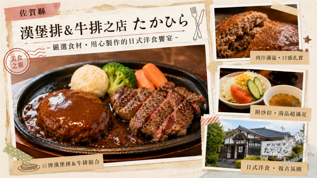 佐賀みやき町美食推薦｜たかひら漢堡排牛排專賣店，在地人氣老店 高平漢堡排、漢堡排與切塊牛排雙拼、兒童特製午餐