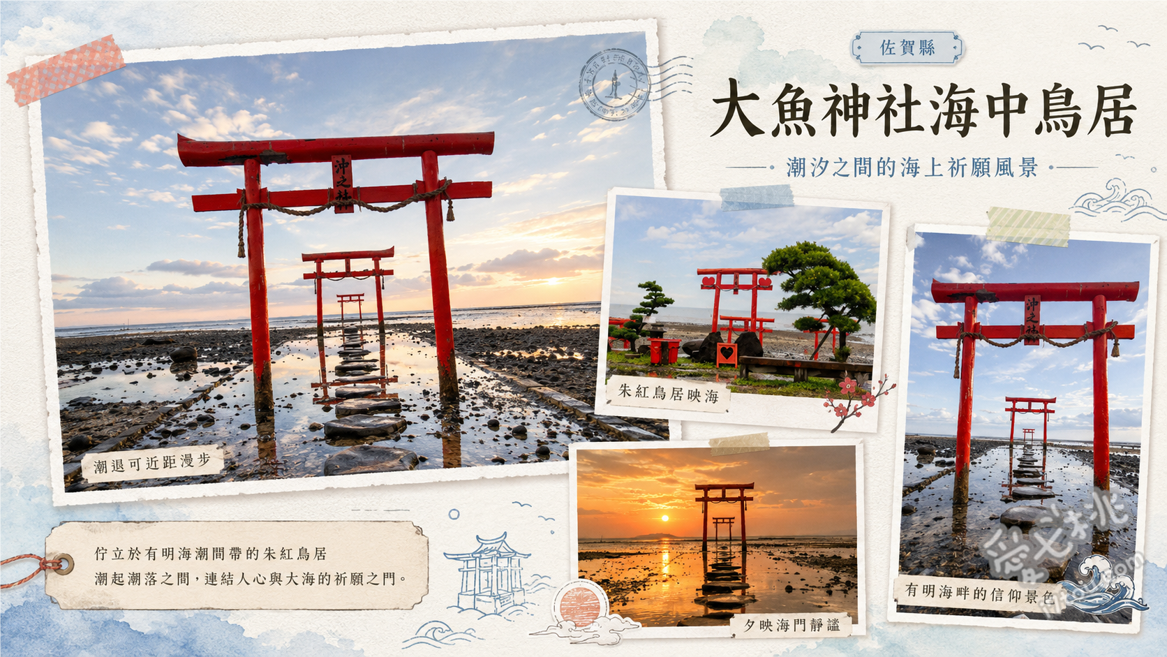 大魚神社海中鳥居｜佐賀免費高CP秘境，有明海潮汐絕景 滿潮時拍攝漂浮在海面上的夢幻鳥居、退潮時漫步海床穿越三座海中鳥居、尋找岸邊的愛心打卡裝置與陸上鳥居