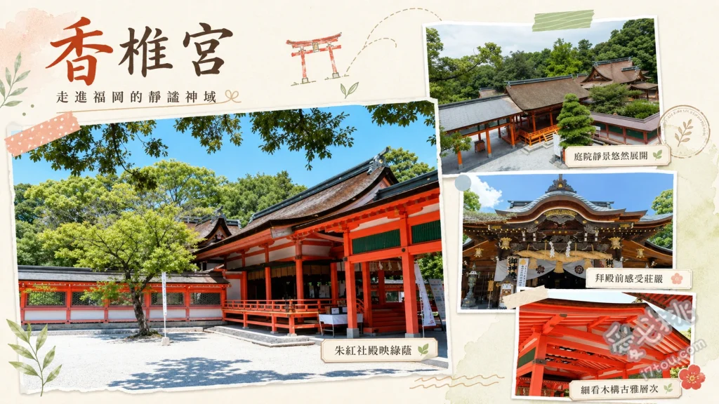 福岡香椎宮｜必訪千年夫婦之宮與不老水傳說，獨特香椎造建築 欣賞日本唯一香椎造建築的朱紅色本殿、仰望樹齡超過1800年的神功皇后御神木綾杉、尋訪傳說能延年益壽的靈泉不老水