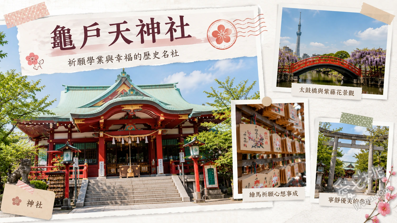 龜戶天神社｜東京必訪賞紫藤花名所，晴空塔同框絕景 太鼓橋與心字池倒影、紫藤花棚與晴空塔同框、撫摸神牛像祈求智慧與健康