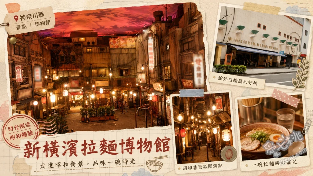 新橫濱拉麵博物館｜穿越昭和時代，一站吃遍全日本拉麵名店 漫步1958年昭和復古下町街景，感受夕陽下的懷舊氛圍與老招牌。、報名青竹打麵手作體驗，學習傳統製麵技法並帶回專屬麵條。、製作客製化專屬杯麵，自由挑選湯頭配料並印製專屬相片杯蓋。