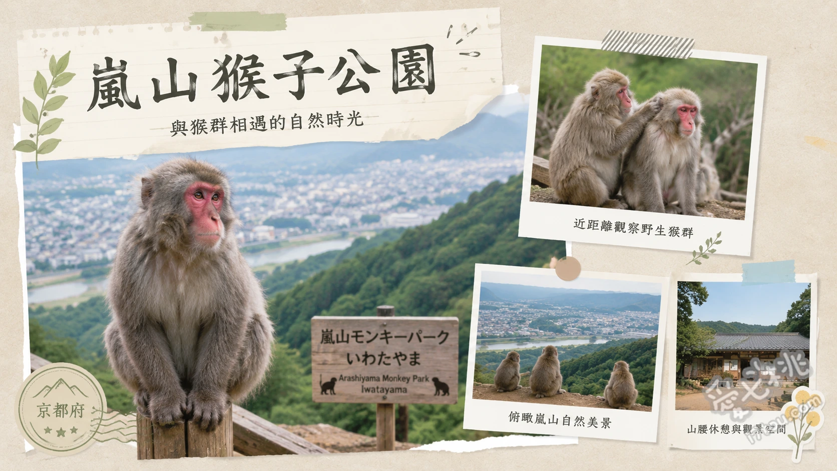 嵐山猴子公園｜京都必訪！近距離餵食野生獼猴與絕美市景 山頂觀景台俯瞰京都市區全景、安全網屋內近距離餵食野生獼猴、春季賞櫻與秋季賞楓的自然步道