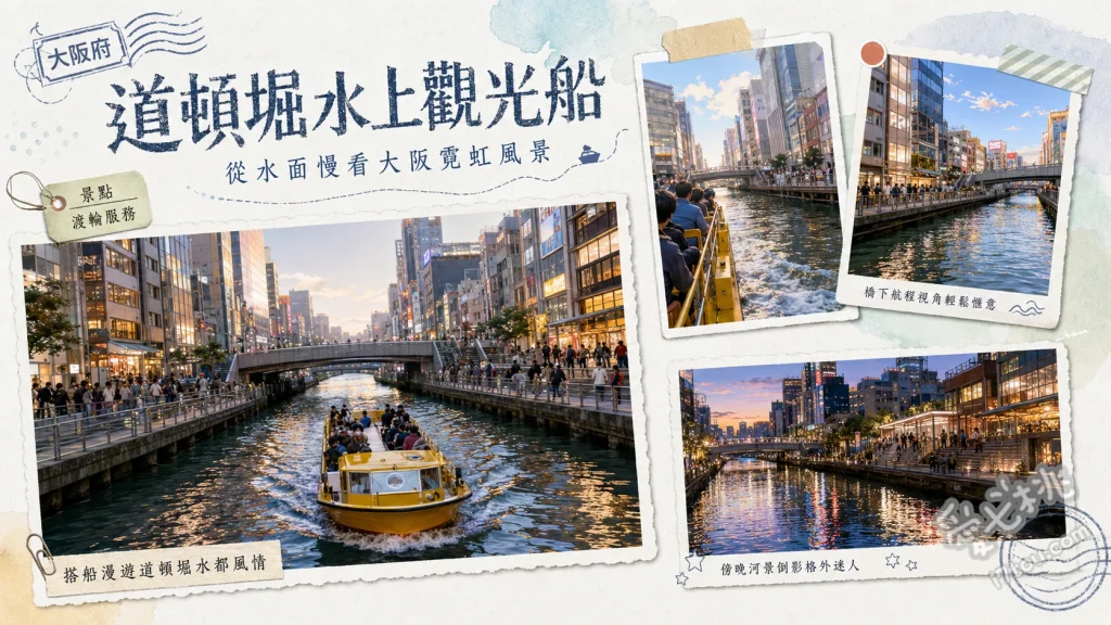 道頓堀水上觀光船｜大阪周遊卡免費必搭，夜遊固力果跑跑人 近距離與固力果跑跑人看板合影、穿越道頓堀川上九座特色橋樑、感受船上導覽員的熱情互動與岸上遊客揮手