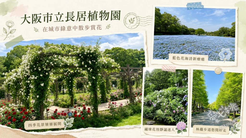 大阪市立長居植物園｜日賞四季花海與夜間teamLab光影藝術 漫步四季主題花園（如玫瑰園、向日葵花海）、夜間teamLab光影互動藝術（如發光蛋形裝置）、探索大池畔的自然生態與林間步道