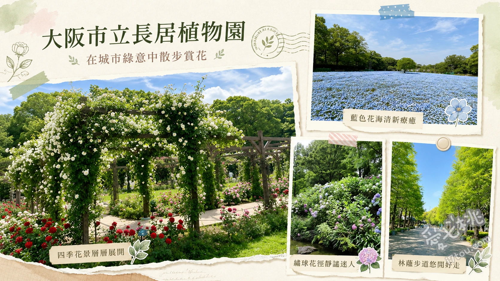 大阪市立長居植物園｜日賞四季花海與夜間teamLab光影藝術 漫步四季主題花園（如玫瑰園、向日葵花海）、夜間teamLab光影互動藝術（如發光蛋形裝置）、探索大池畔的自然生態與林間步道