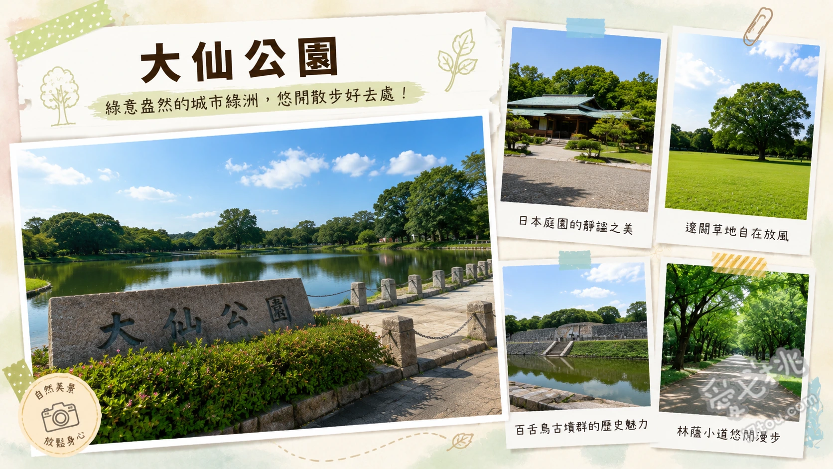 大阪堺市大仙公園｜賞櫻賞楓秘境與絕美日本庭園散策 漫步絕美日本庭園欣賞四季花卉、北門銀杏大道與平和塔打卡、順遊世界遺產仁德天皇陵古墳