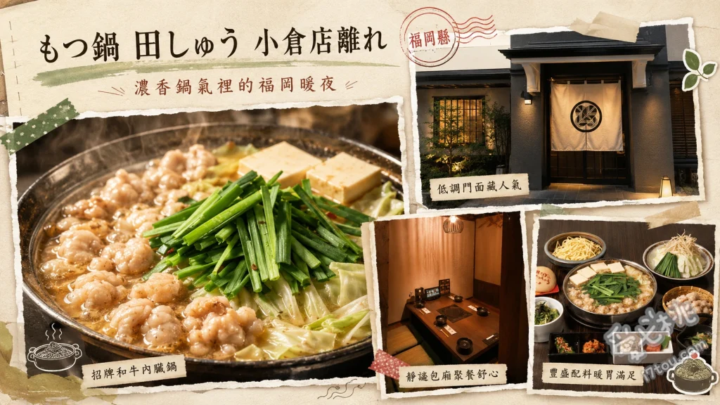 福岡小倉美食｜もつ鍋田しゅう小倉離れ：全包廂頂級牛腸鍋 味噌牛腸鍋 (嚴選四種味噌調製，湯頭濃郁最受歡迎)、特上馬肉刺身 (熊本產地直送，肉質鮮甜柔嫩)、起司燉飯 (味噌湯底限定的完美收尾，吸滿和牛精華)