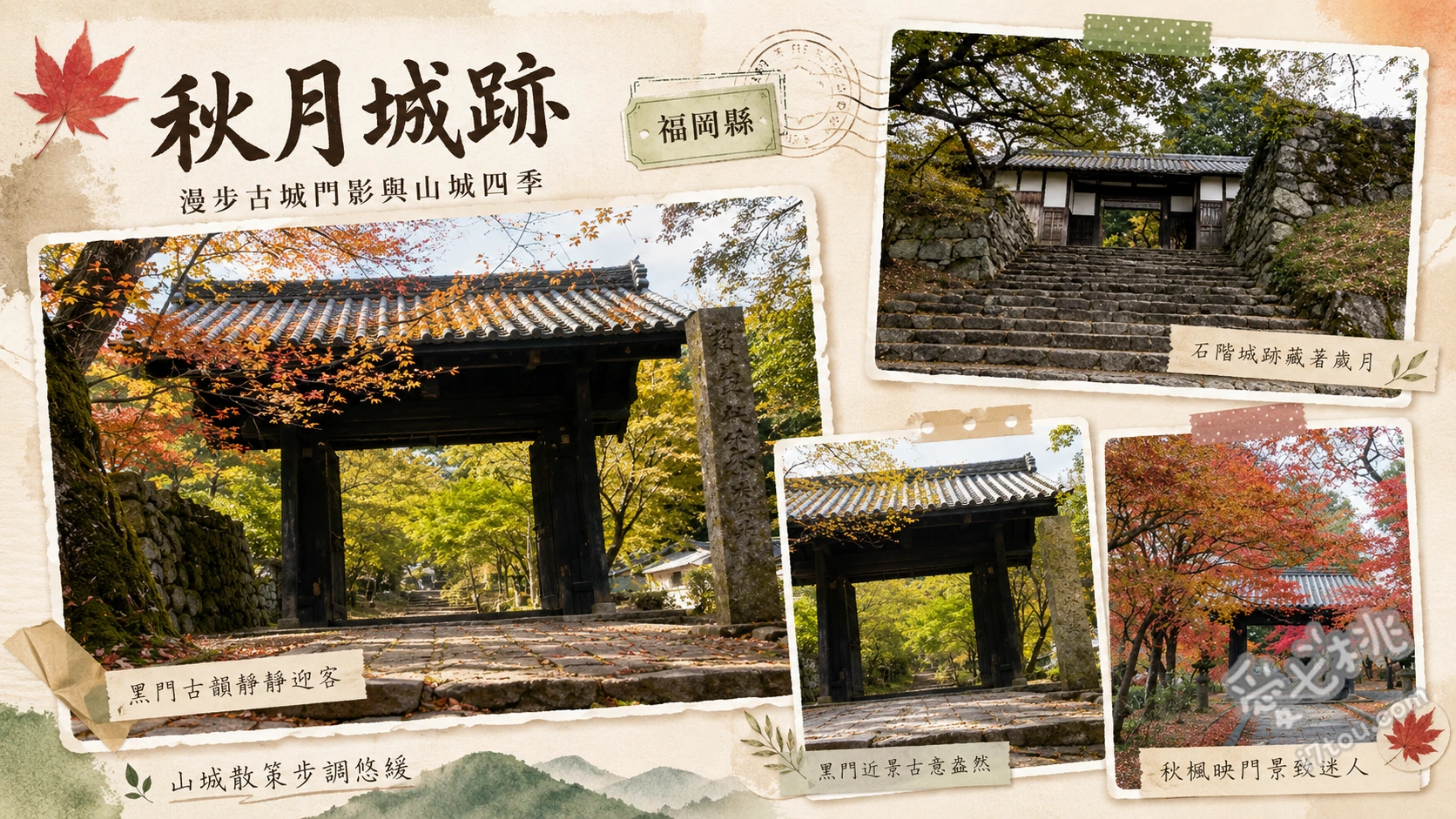 福岡賞楓櫻秘境｜秋月城跡：筑前小京都的黑門紅葉與櫻花隧道 漫步500公尺的杉之馬場櫻花隧道、欣賞黑門與紅葉交織的歷史美景、參拜垂裕神社與漫步石階參道