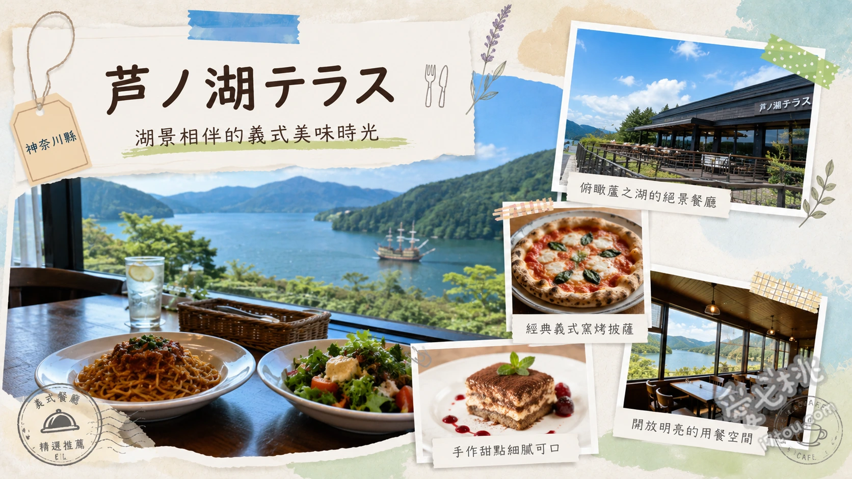 箱根芦之湖 La Terrazza｜絕美湖景與道地窯烤披薩聚餐首選 水牛起司瑪格麗特披薩、箱根西麓三島野菜沙拉、小田原漁港海鮮水手煮