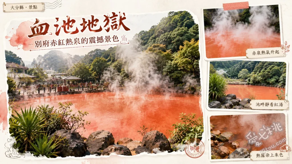 大分景點｜別府血池地獄：日本最古老赤紅溫泉與必買軟膏 觀賞沸騰翻滾的赤紅溫泉池、體驗免費地熱足湯、登上觀景台俯瞰血池全景