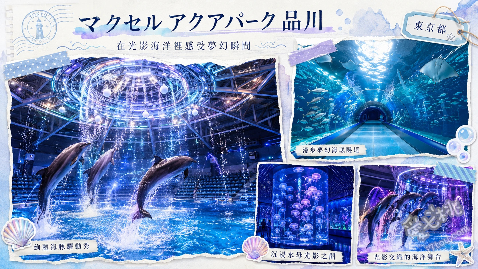 東京品川水族館 Maxell Aqua Park｜夢幻聲光海豚秀 360度圓形劇場沉浸式海豚秀、夢幻LED聲光水母游游區、20公尺長海底隧道（尋找罕見鋸鰩）