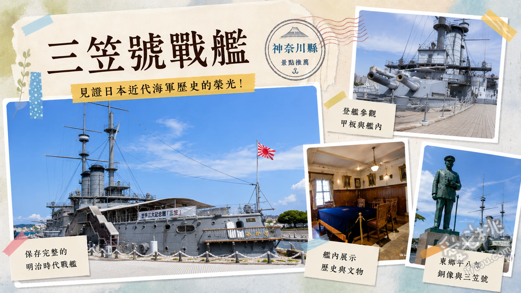 三笠號戰艦|橫須賀軍港必訪,世界三大紀念艦登艦指南 登上艦橋感受東鄉平八郎指揮視角、觸摸厚重鉚釘與12吋主砲、體驗VR對馬海峽海戰