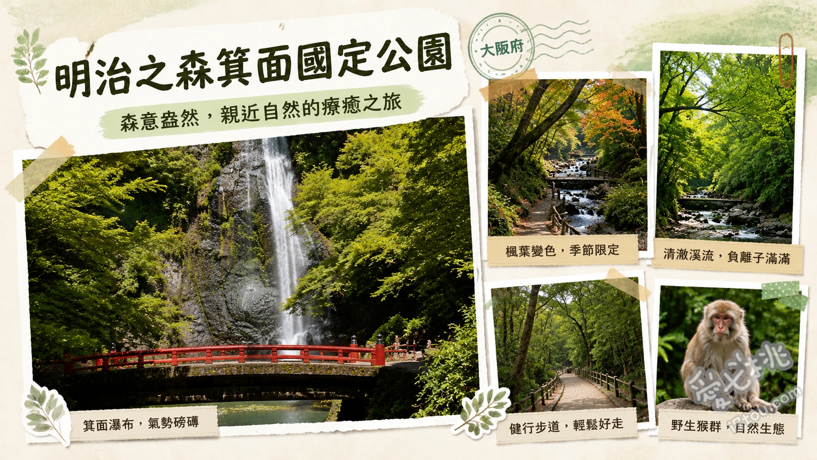 明治之森箕面國定公園｜大阪近郊賞楓秘境與百選瀑布絕景 箕面大瀑布（落差33公尺的日本百選瀑布）、瀧安寺與沿途紅葉步道、箕面公園昆蟲館（放蝶園）