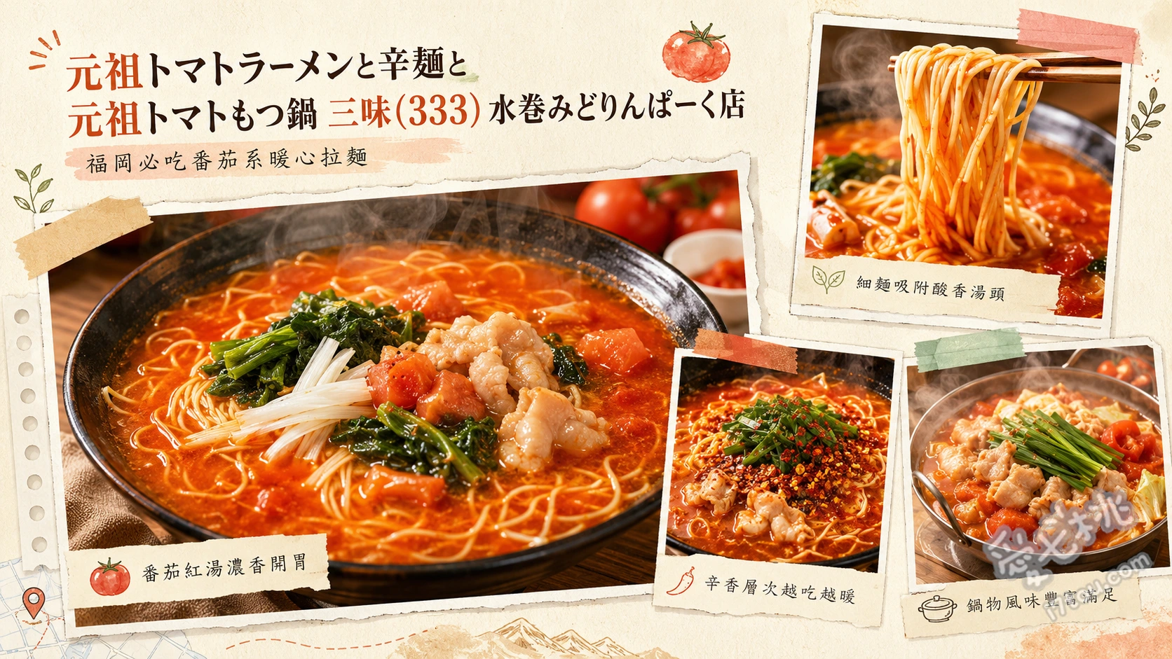 元祖番茄拉麵三味水卷店｜福岡必吃特色拉麵與起司燉飯 元祖番茄拉麵、起司燉飯、大蒜辣麵