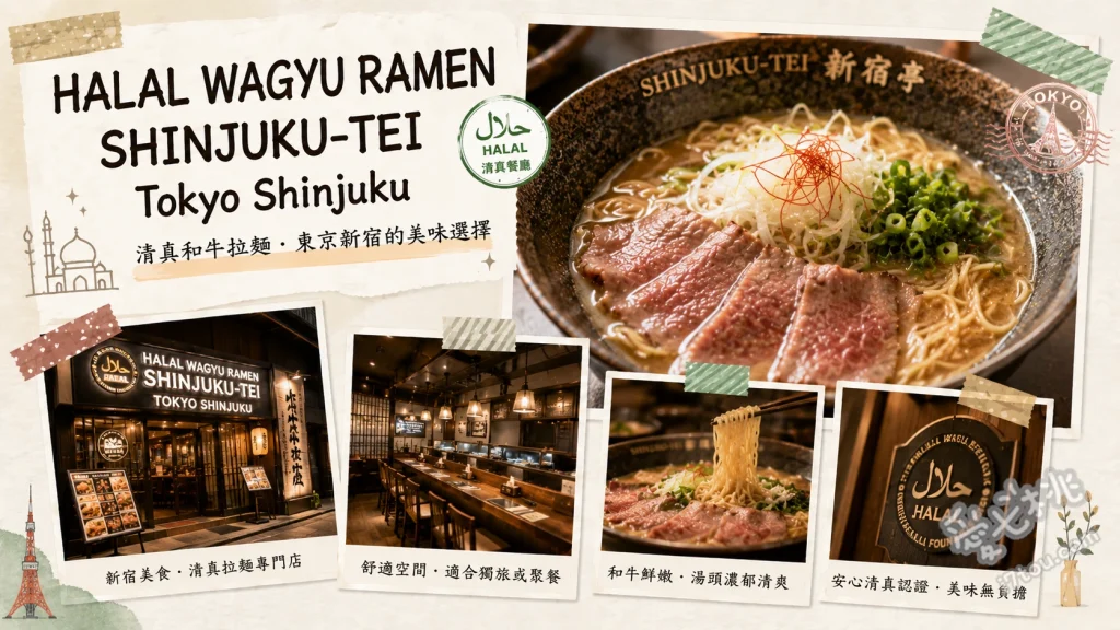 HALAL WAGYU RAMEN SHINJUKU-TEI｜新宿米其林級清真和牛拉麵 經典醬油和牛拉麵 (帶有柚子胡椒與麻油香氣的特製湯底)、特製霜降和牛握壽司 (桌邊炙燒，入口即化)、日式唐揚炸雞 (外酥內嫩，搭配綠茶解膩)