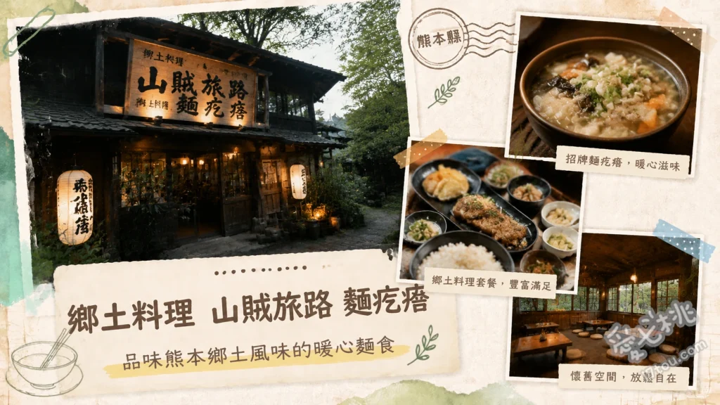 鄉土料理 山賊旅路 麵疙瘩｜阿蘇必吃高菜飯與丸子湯推薦 山賊定食、だご汁 (丸子湯/麵疙瘩)、豬內臟燉煮