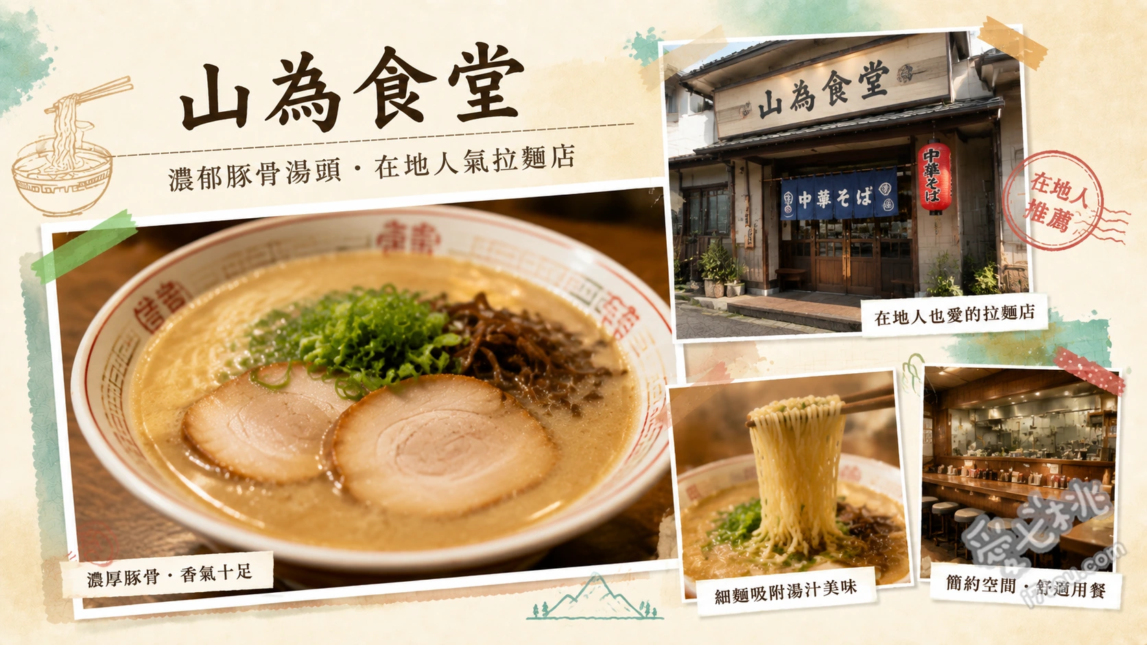 和歌山必吃美食山為食堂｜70年歷史濃厚系豚骨醬油拉麵老店 中華麵 (豚骨醬油拉麵)、咖哩烏龍麵、白飯 (拌入拉麵濃湯食用)
