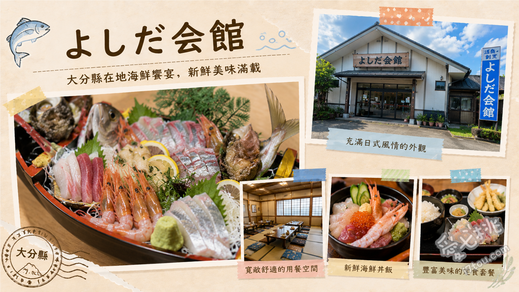 大分よしだ会館｜佐賀關海景餐廳，必吃正宗關竹莢魚與關鯖魚 關竹莢魚與關鯖魚雙拼御膳 (アジサバ膳)、大分特色炸雞天婦羅 (とり天)、琉球黑布丼 (クロメ丼)