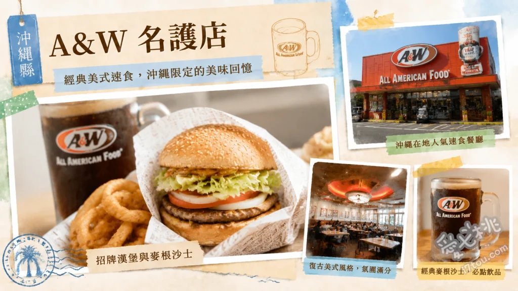 A&W 名護店｜沖繩限定必吃美式漢堡，麥根沙士無限續杯 A&W招牌漢堡、捲捲薯條、麥根沙士
