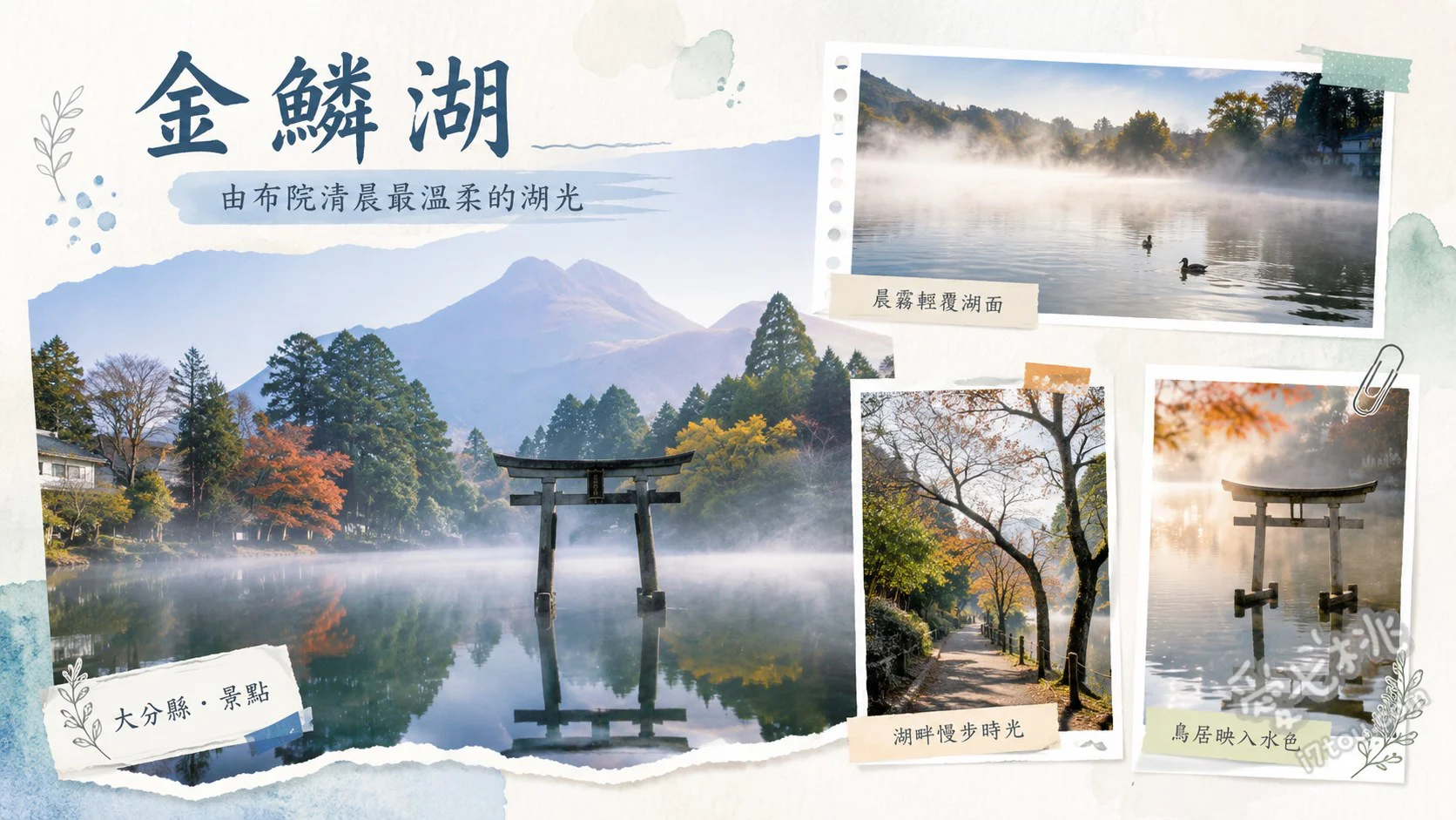 九州由布院金鱗湖｜必訪夢幻晨霧絕景與水上鳥居完全攻略 秋冬限定夢幻晨霧、天祖神社水上鳥居、秋季楓紅湖面倒影