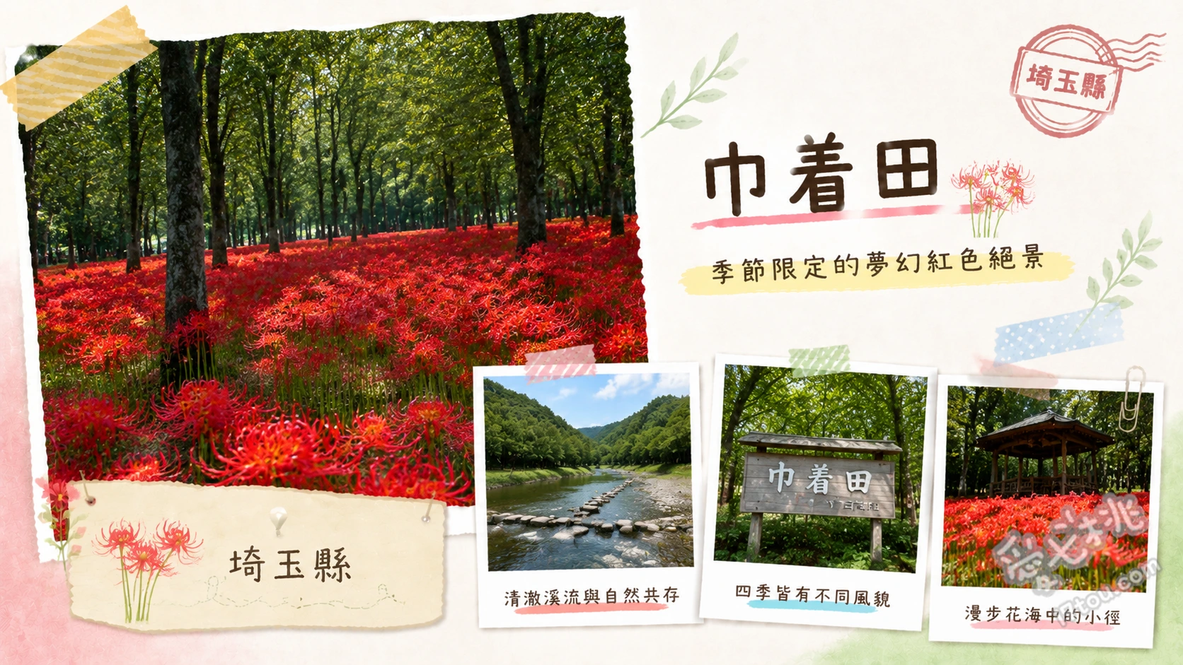 巾着田曼珠沙華公園|埼玉500萬株彼岸花海絕景,秋季必訪 500萬株曼珠沙華紅色花海、高麗川畔與林間光影漫步、從AIAI橋(あいあい橋)俯瞰花田