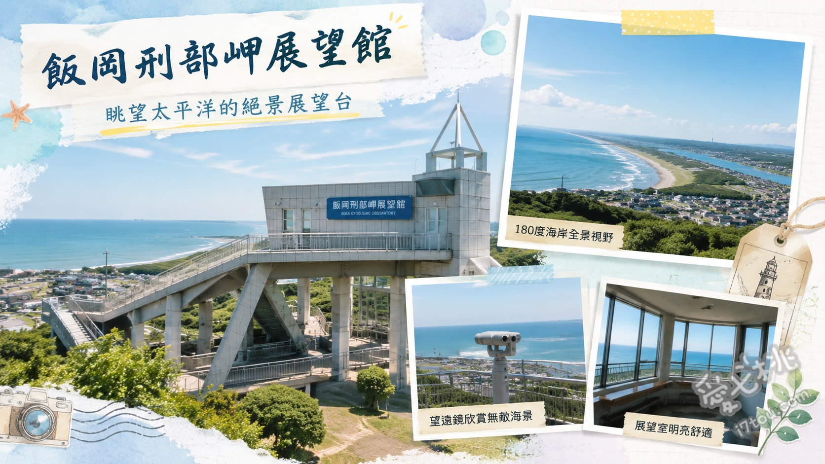 飯岡刑部岬展望館|千葉免費絕景,九十九里濱與鑽石富士 3樓光與風之平台(眺望九十九里濱與夜景)、飯岡燈塔與希望之鐘(打卡地標)、一樓戶外公園與油桶造型長椅(親子放電與休憩)