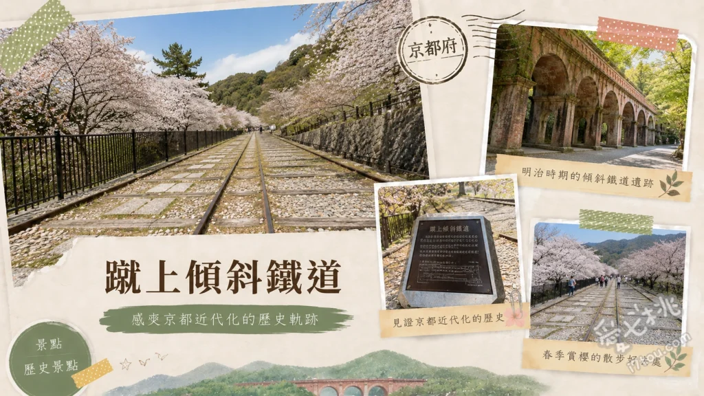 蹴上傾斜鐵道｜京都春季最美廢線櫻花隧道，交通與拍照攻略 漫步582公尺廢棄鐵軌與櫻花交織的粉色隧道、欣賞明治時代遺留的琵琶湖疏水工程台車與鐵道遺跡、順遊南禪寺水路閣的紅磚拱門歷史建築