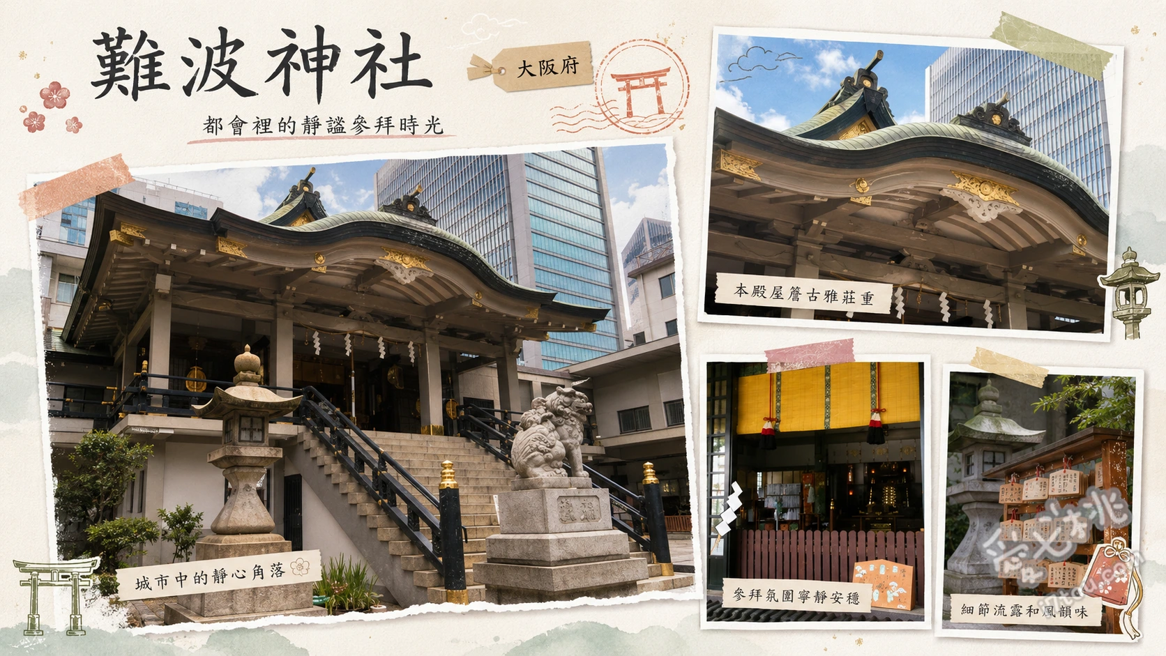 難波神社｜大阪市中心能量景點，400年御神木與特色御朱印 觸摸樹齡逾400年的巨大楠木御神木祈求能量、收集帶有特色菖蒲印章的專屬御朱印、參拜境內的博勞稻荷神社祈求生意興隆