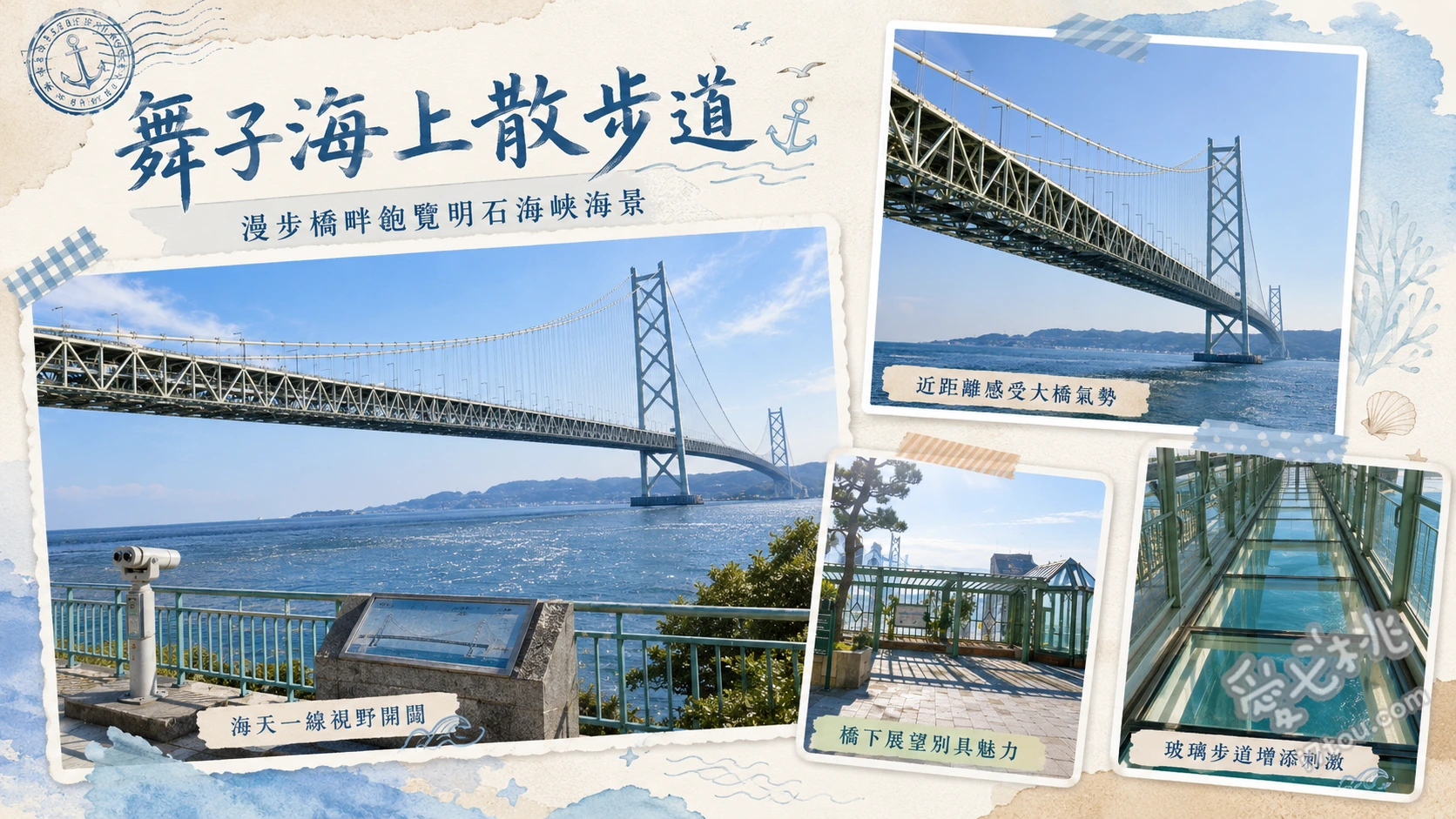 舞子海上散步道｜神戶明石海峽大橋透明步道，雨天備案推薦 47公尺高透明玻璃海上步道、八樓展望台與海景咖啡廳、一樓明石海峽大橋科學展示