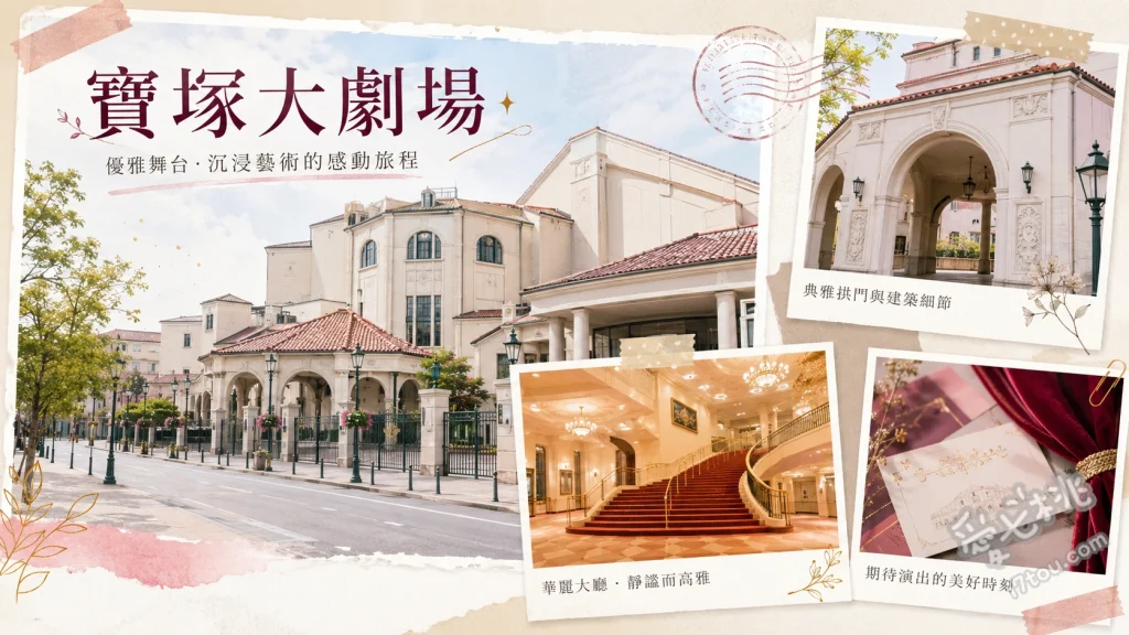 寶塚大劇場｜兵庫必訪百年歌舞聖地，感受華麗舞台與夢幻時光 在紅色大階梯與水晶吊燈大廳拍下華麗紀念照、於舞台攝影棚體驗穿著寶塚專屬華麗服裝、參觀寶塚歌劇殿堂欣賞歷代明星大羽毛服裝