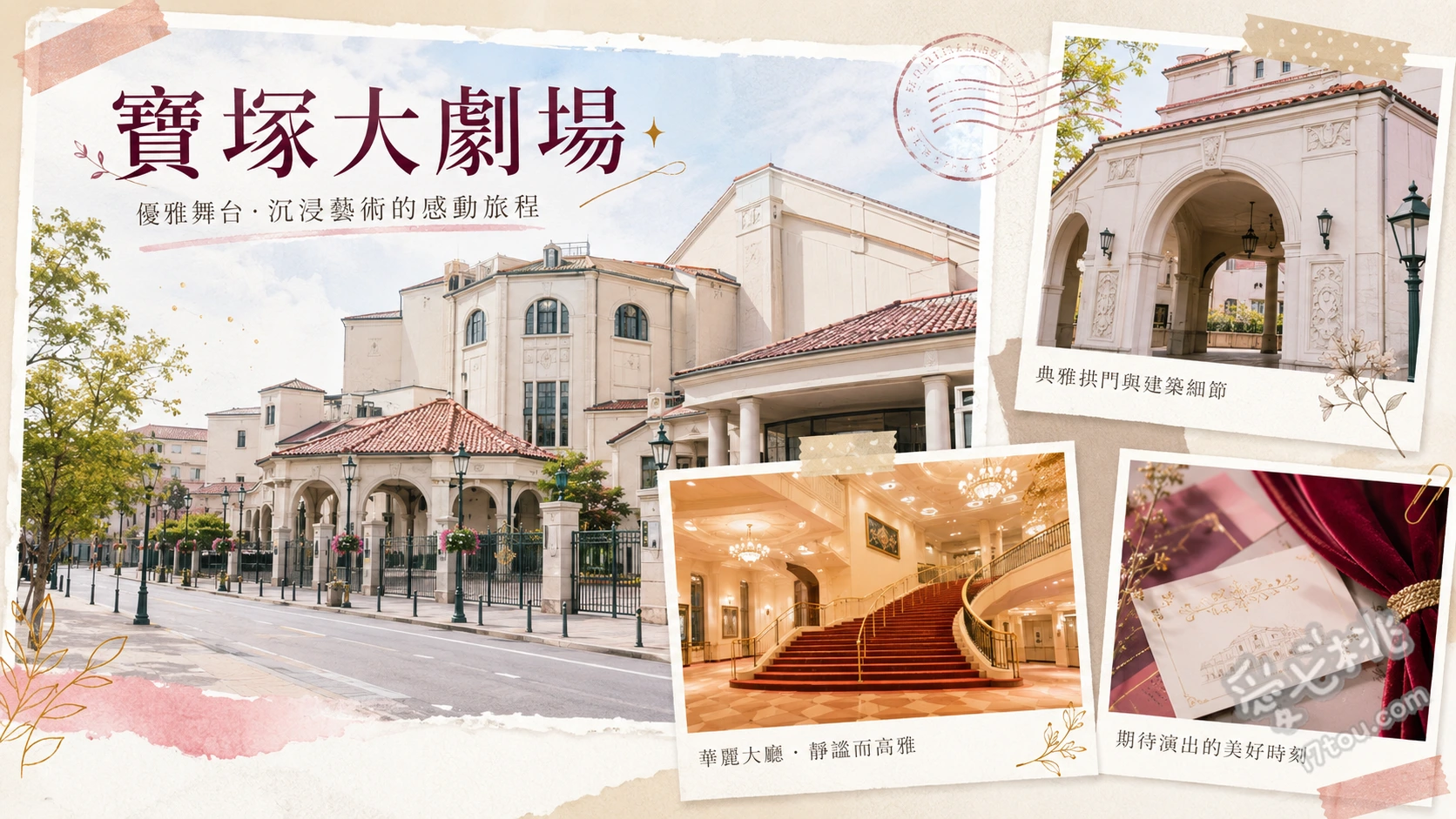 寶塚大劇場|兵庫必訪百年歌舞聖地,感受華麗舞台與夢幻時光 在紅色大階梯與水晶吊燈大廳拍下華麗紀念照、於舞台攝影棚體驗穿著寶塚專屬華麗服裝、參觀寶塚歌劇殿堂欣賞歷代明星大羽毛服裝