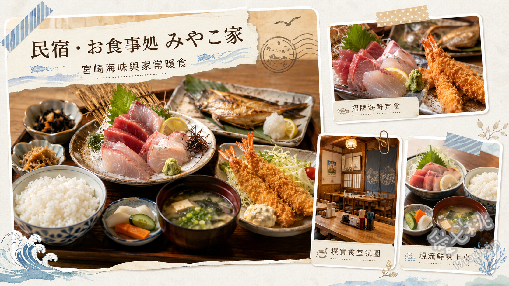 宮崎日向美食｜みやこ家：在地人激推超高CP值海鮮大眾食堂 主廚推薦套餐 (包含厚切生魚片、烤魚與巨無霸炸蝦，CP值封神)、生魚片套餐 (嚴選日向灘在地漁獲，鮮甜度極高)、南蠻雞套餐 (宮崎在地特色美食，搭配自製塔塔醬超下飯)