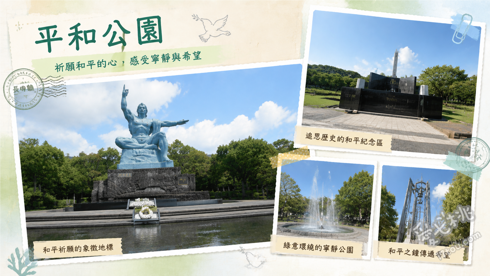 長崎平和公園｜走入歷史記憶的和平祈念像與原爆中心地 仰望九點七公尺高的青銅平和祈念像、凝視象徵生命之水與白鴿展翅的平和之泉、探訪原爆落下中心地碑與舊浦上天主堂遺構