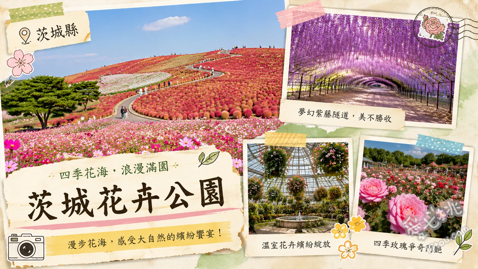 石岡市茨城花卉公園|四季絕美花海與浪漫玫瑰夜間點燈 玫瑰梯田與香氣玫瑰園、800公尺森林溜滑梯與空中腳踏車、冬季限定月光玫瑰園夜間點燈