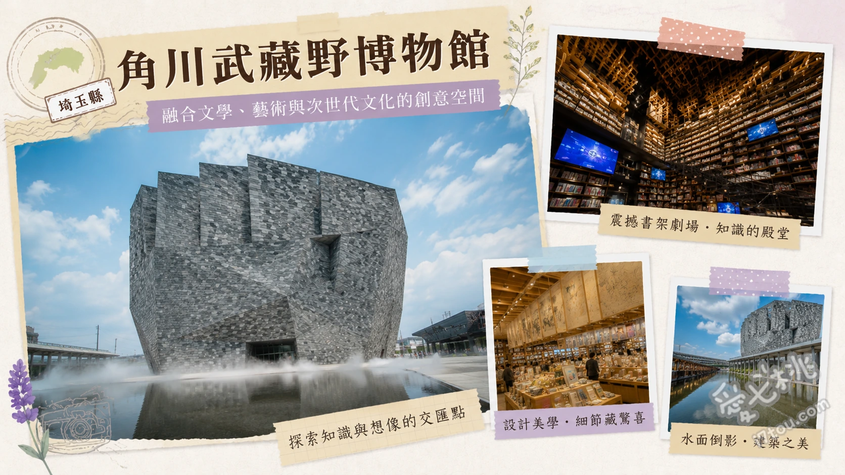 角川武藏野博物館｜走進哈利波特魔法書牆，埼玉必訪景點 4樓本棚劇場（8公尺高巨型書牆與光雕投影）、4樓書香街道（2.5萬冊獨特選書空間）、1樓漫畫與輕小說圖書館（動漫迷必訪藏書閣）