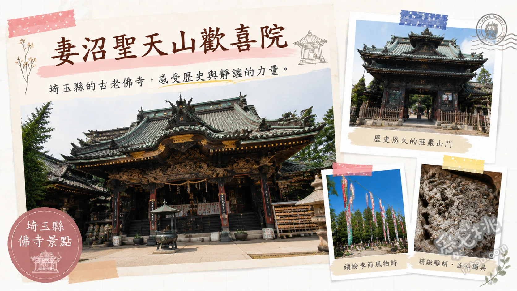 妻沼聖天山歡喜院｜埼玉小日光！國寶級絕美雕刻與結緣能量景點 欣賞國寶本殿「歡喜院聖天堂」的極彩色精緻雕刻、尋找隱藏在建築群中的「13隻猴子」與各式神獸、參觀擁有特殊雙層屋簷的國家重要文化財「貴惣門」