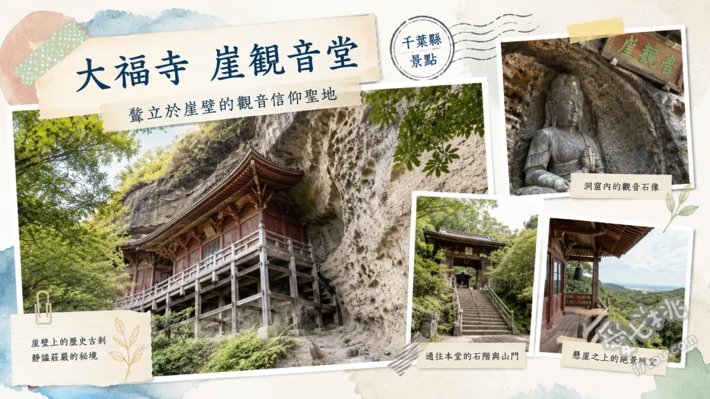 千葉館山大福寺崖觀音｜懸崖上的絕美朱紅寺廟與無敵海景 懸崖上的朱紅觀音堂建築、觀音堂舞台俯瞰館山灣與富士山絕景、堂內色彩斑斕的南房總植物天花板壁畫