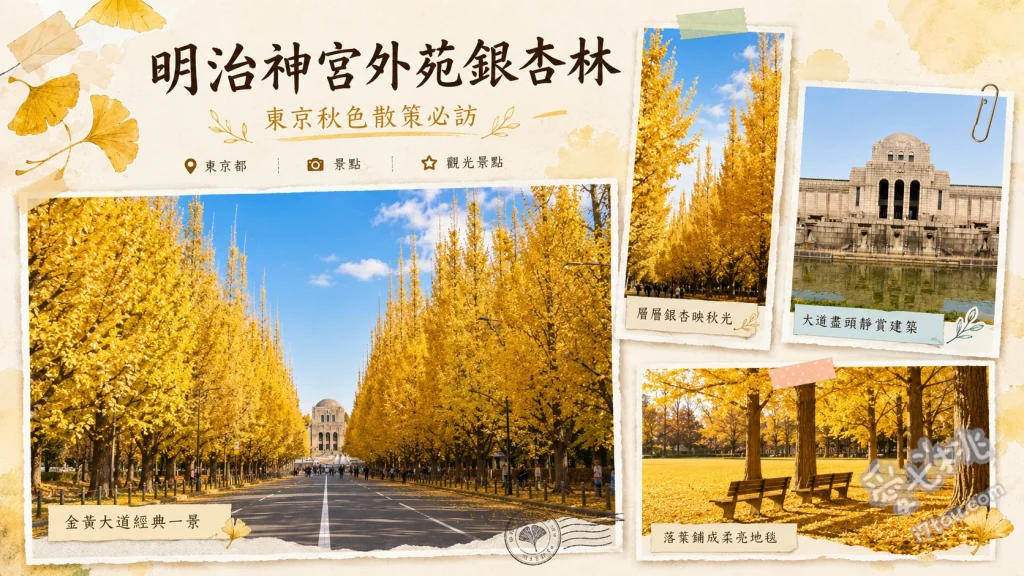 明治神宮外苑銀杏林｜東京秋季必訪的300公尺金黃大道 300公尺金黃銀杏隧道、146棵修剪整齊的銀杏樹列、秋季限定夜間點燈(依官方公告)