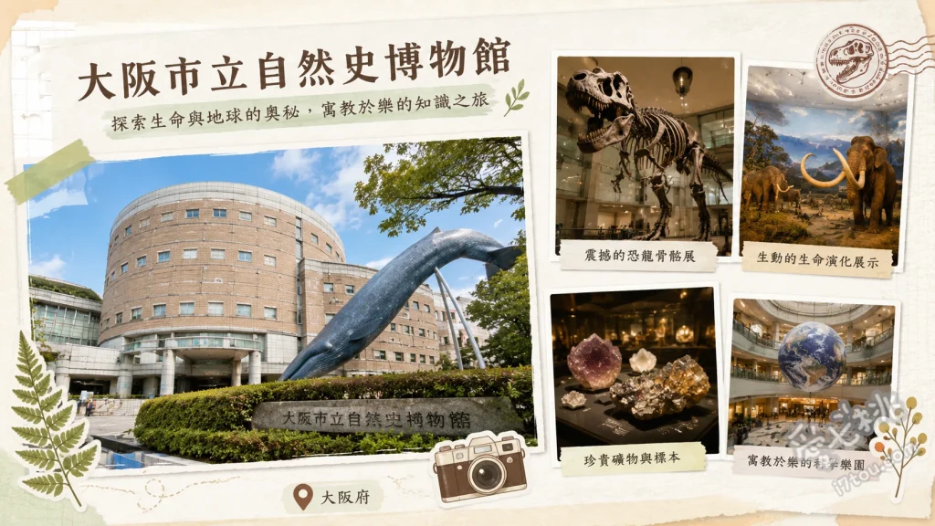 大阪市立自然史博物館｜恐龍化石與巨大鯨魚，長居公園親子必訪 門廊19公尺長鬚鯨巨大骨骼標本、第二展區震撼的恐龍化石群與觸摸體驗、第一展區超吸睛的巨大蟑螂與昆蟲模型