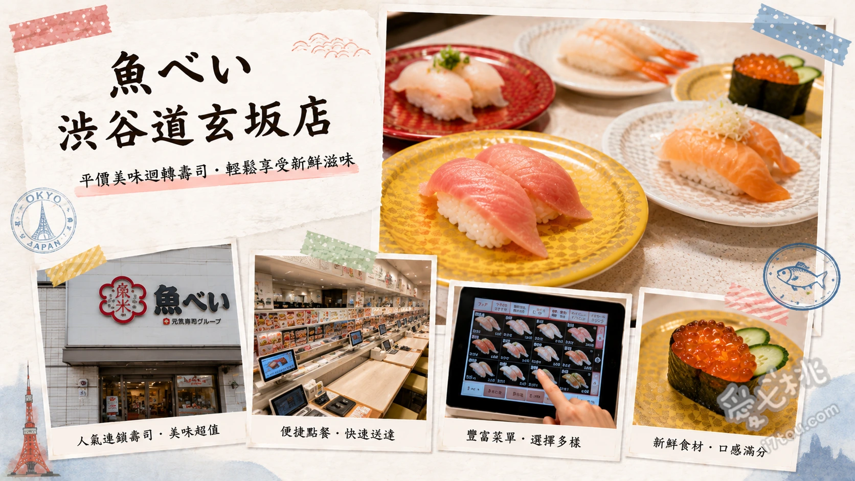 魚べい澀谷道玄坂店｜CP值爆表！東京必吃平價高速列車壽司 大切鮪魚、明太子美乃滋炙燒魷魚鬚、炸蝦捲