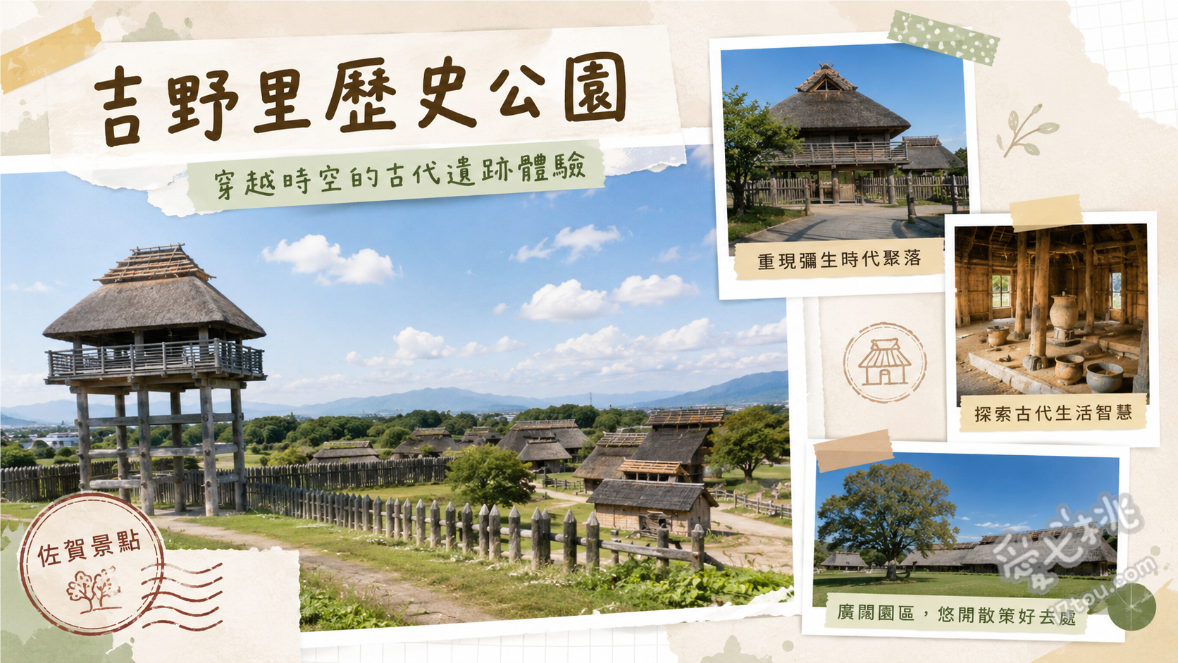 佐賀吉野里歷史公園｜日本最大彌生時代遺跡與交通攻略 登上南內郭12公尺高物見櫓俯瞰環壕聚落、參觀北內郭主祭殿感受古代神祕祭祀氛圍、走訪甕棺墓列與北墳丘墓探尋彌生時代葬俗