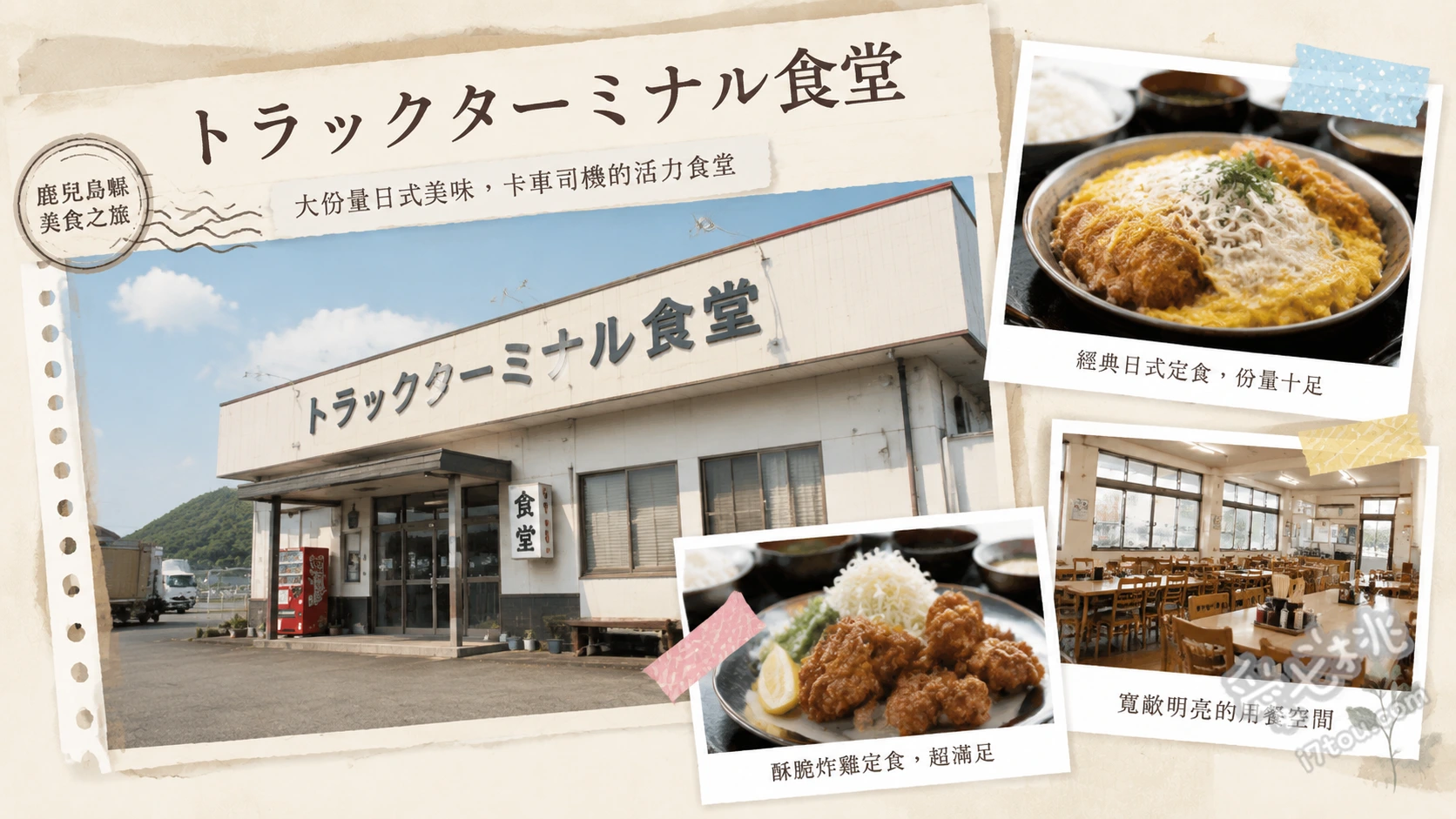 卡車終點站食堂｜鹿兒島必吃巨無霸份量高CP值平價美食 櫻島咖哩 (超過1公斤的巨無霸份量，鋪滿炸豬排、炸雞與生蛋黃)、櫻島什錦麵 (自製麵條搭配800克豐富蔬菜與日式清湯)、迷你炸雞套餐 (拳頭大的多汁炸雞，適合食量較小的旅客)